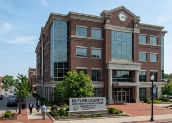 Exterior view of the Butler County Auditor's office building featuring classical architectural details and the official government entrance.